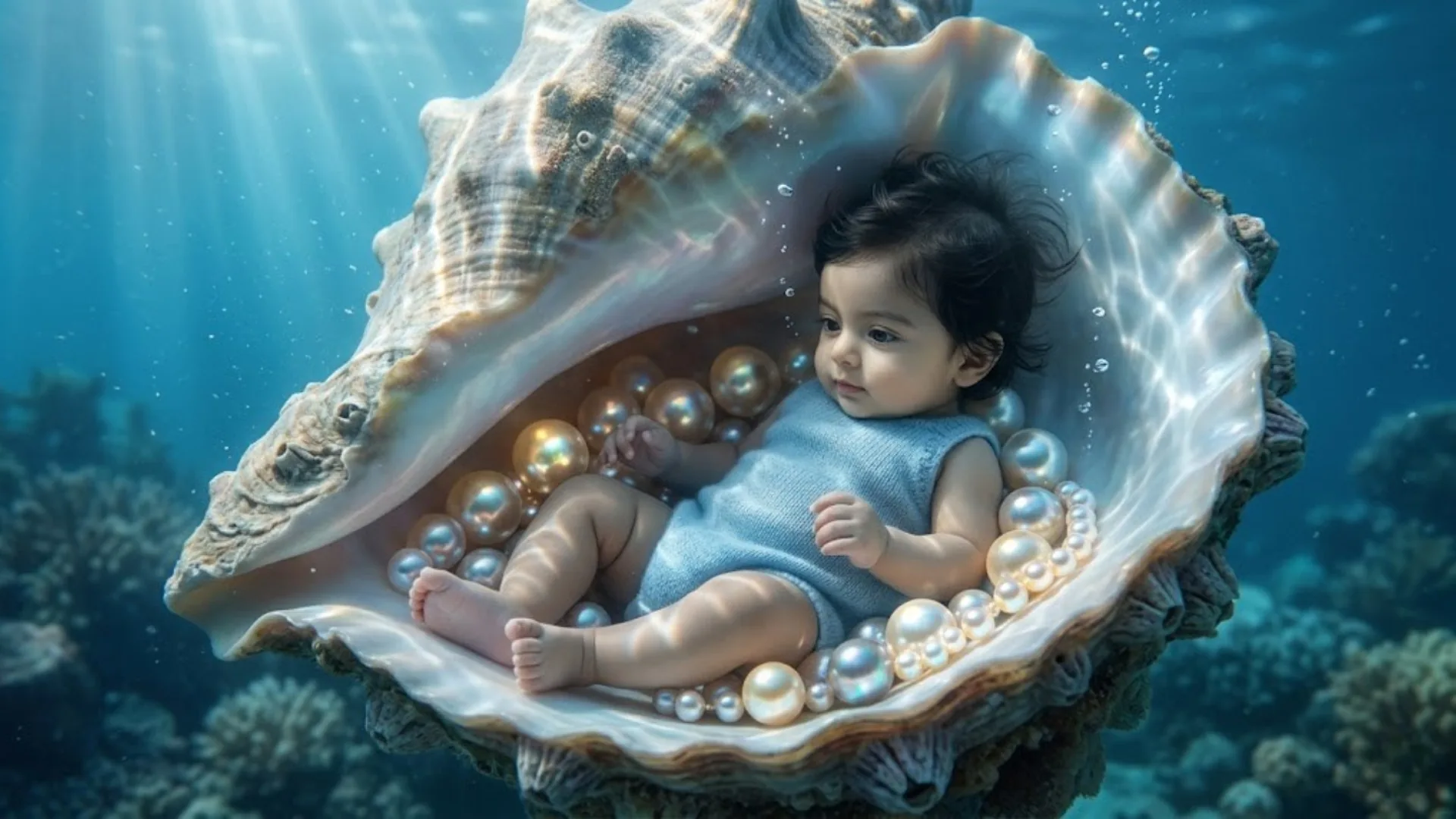 AI-generated baby portrait inside a giant seashell underwater with glowing pearls and soft blue light rays